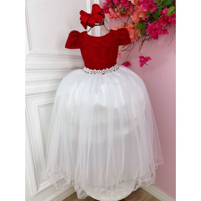Vestido Infantil Vermelho C/ Renda e Saia Branca Damas Longo