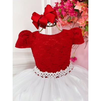 Vestido Infantil Vermelho C/ Renda e Saia Branca Damas Longo