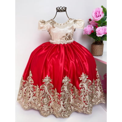 Vestido Infantil Vermelho e Marfim Luxo Pérolas Renda