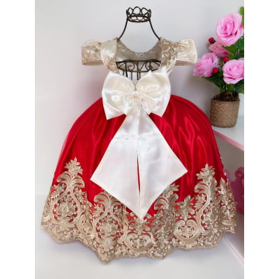 Vestido Infantil Vermelho e Marfim Luxo Pérolas Renda