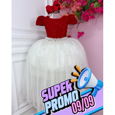 Vestido Infantil Vermelho Renda e Saia Off White Damas Longo