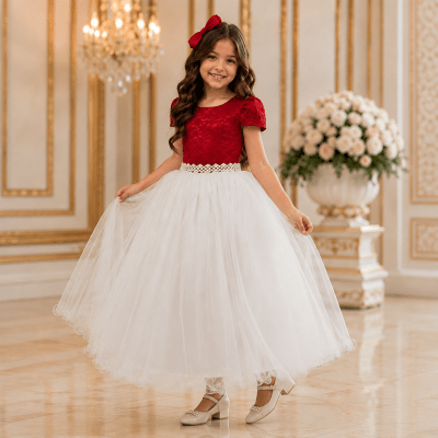 Vestido Infantil Damas Longo, Vermelho/Off White, em Cetim, Renda e Tule