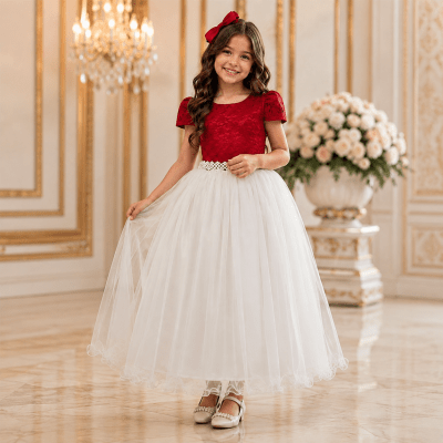 Vestido Infantil Damas Longo, Vermelho/Off White, em Cetim, Renda e Tule