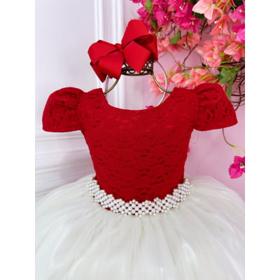 Vestido Infantil Damas Longo, Vermelho/Off White, em Cetim, Renda e Tule