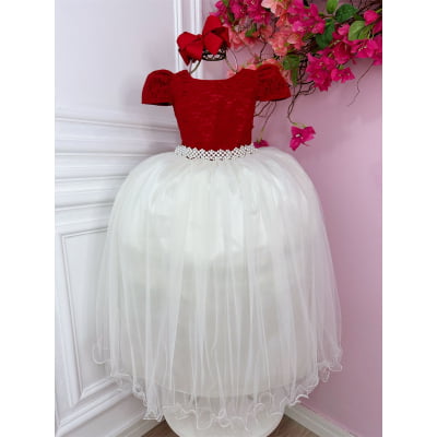Vestido Infantil Damas Longo, Vermelho/Off White, em Cetim, Renda e Tule