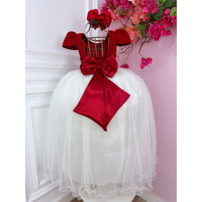 Vestido Infantil Damas Longo, Vermelho/Off White, em Cetim, Renda e Tule