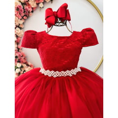 Vestido Infantil Vermelho Tule Renda Longo Dama Casamento