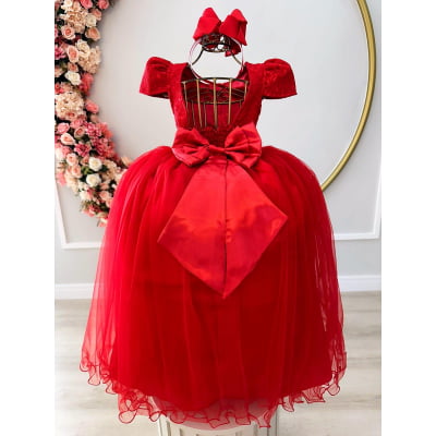 Vestido Infantil Vermelho Tule Renda Longo Dama Casamento