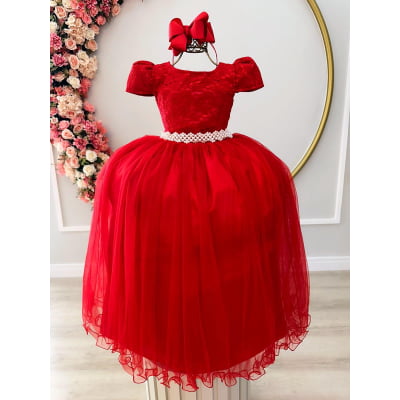 Vestido Infantil Vermelho Tule Renda Longo Dama Casamento