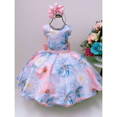 Vestido Infantil Azul Floral Luxo Floristas Cinto Pérolas