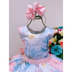 Vestido Infantil Azul Floral Luxo Floristas Cinto Pérolas