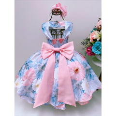 Vestido Infantil Azul Floral Luxo Floristas Cinto Pérolas
