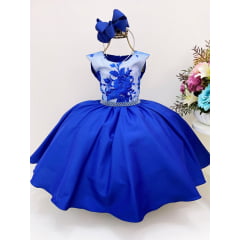 Vestido Infantil Azul Royal Renda Cinto Pérolas Luxo