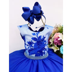 Vestido Infantil Azul Royal Renda Cinto Pérolas Luxo