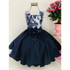 Vestido Infantil Azul Marinho Renda Luxo Damas Festas Flor