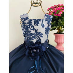 Vestido Infantil Azul Marinho Renda Luxo Damas Festas Flor