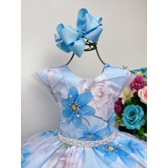 Vestido Infantil Azul Peito Nervura Florido Pérolas Luxo