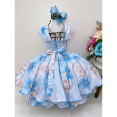 Vestido Infantil Azul Peito Nervura Florido Pérolas Luxo