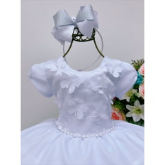 Vestido Infantil Branco Aplique de Borboletas Pérolas Luxo