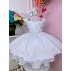 Vestido Infantil Branco C/ Glitter e Renda Cinto de Pérolas