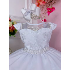 Vestido Infantil Branco C/ Glitter e Renda Cinto de Pérolas