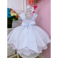 Vestido Infantil Branco C/ Glitter e Renda Cinto de Pérolas