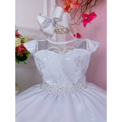 Vestido Infantil Branco C/ Glitter e Renda Cinto de Pérolas