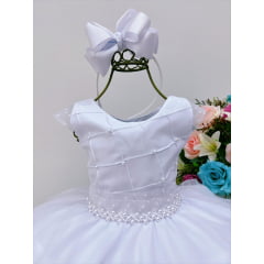 Vestido Infantil Branco C/ Nervura Cinto de Pérolas Luxo
