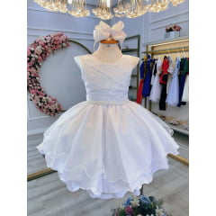 Vestido Infantil Branco C/ Nervura Cinto de Pérolas Luxo