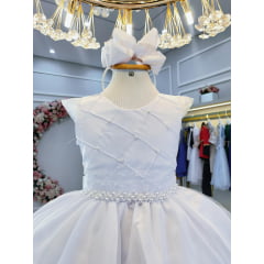 Vestido Infantil Branco C/ Nervura Cinto de Pérolas Luxo