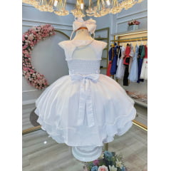 Vestido Infantil Branco C/ Nervura Cinto de Pérolas Luxo