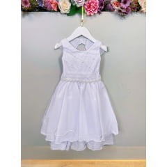 Vestido Infantil Branco C/ Nervura Cinto de Pérolas Luxo