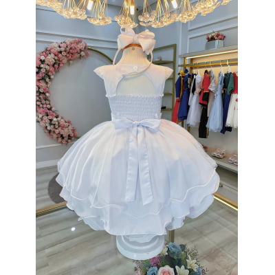 Vestido Infantil Branco C/ Nervura Cinto de Pérolas Luxo