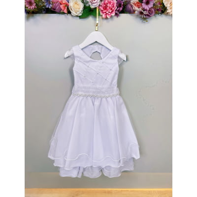 Vestido Infantil Branco C/ Nervura Cinto de Pérolas Luxo