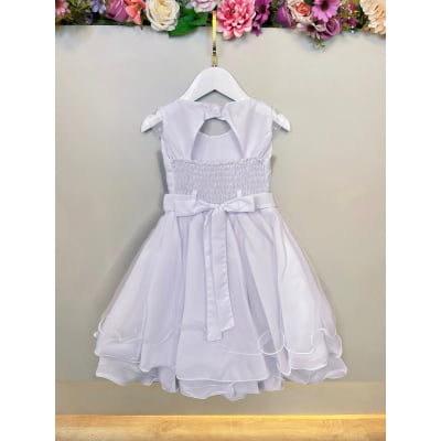 Vestido Infantil Branco C/ Nervura Cinto de Pérolas Luxo