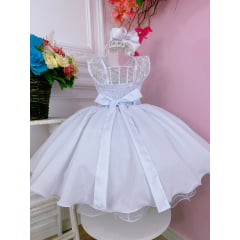 Vestido Infantil Branco C/ Renda Cinto de Pérolas Luxo