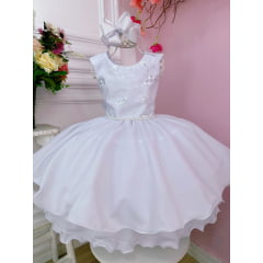 Vestido Infantil Branco C/ Renda Damas e Cinto de Pérolas