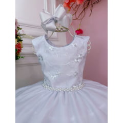 Vestido Infantil Branco C/ Renda Damas e Cinto de Pérolas
