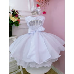Vestido Infantil Branco C/ Renda Damas e Cinto de Pérolas