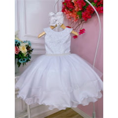 Vestido Infantil Branco C/ Renda Glitter e Cinto de Pérolas