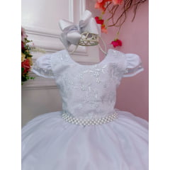 Vestido Infantil Branco Com Renda Damas e Cinto de Pérolas