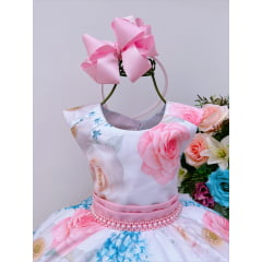 Vestido Infantil Branco e Rosa Florido Com Cinto de Pérolas