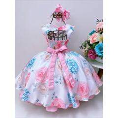 Vestido Infantil Branco e Rosa Florido Com Cinto de Pérolas
