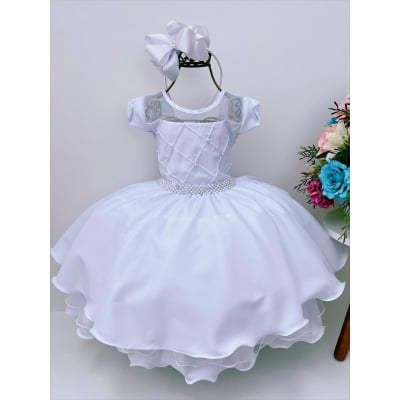 Vestido Infantil Branco Peito C/ Nervura e Pérolas