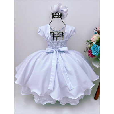 Vestido Infantil Branco Peito C/ Nervura e Pérolas