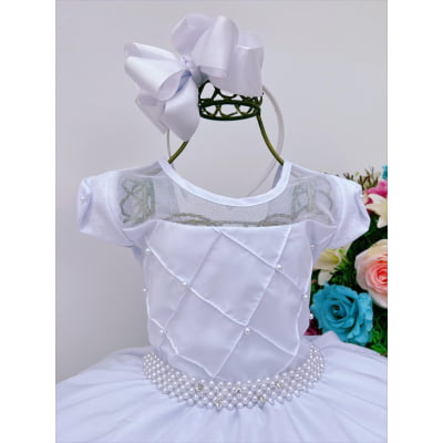 Vestido Infantil Branco Peito C/ Nervura e Pérolas