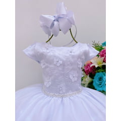 Vestido Infantil Branco C/ Renda e Aplique de Flores Pérolas