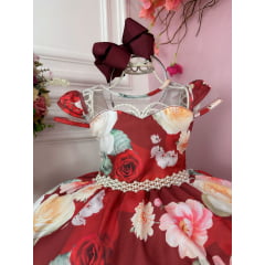 Vestido Infantil Marsala Florido Com Cinto de Pérolas Luxo