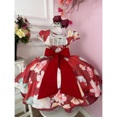 Vestido Infantil Marsala Florido Com Cinto de Pérolas Luxo