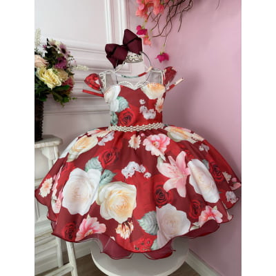 Vestido Infantil Marsala Florido Com Cinto de Pérolas Luxo